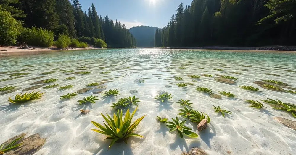 Rio de águas cristalinas em Bonito com fundo de areia branca e plantas verdes submersas