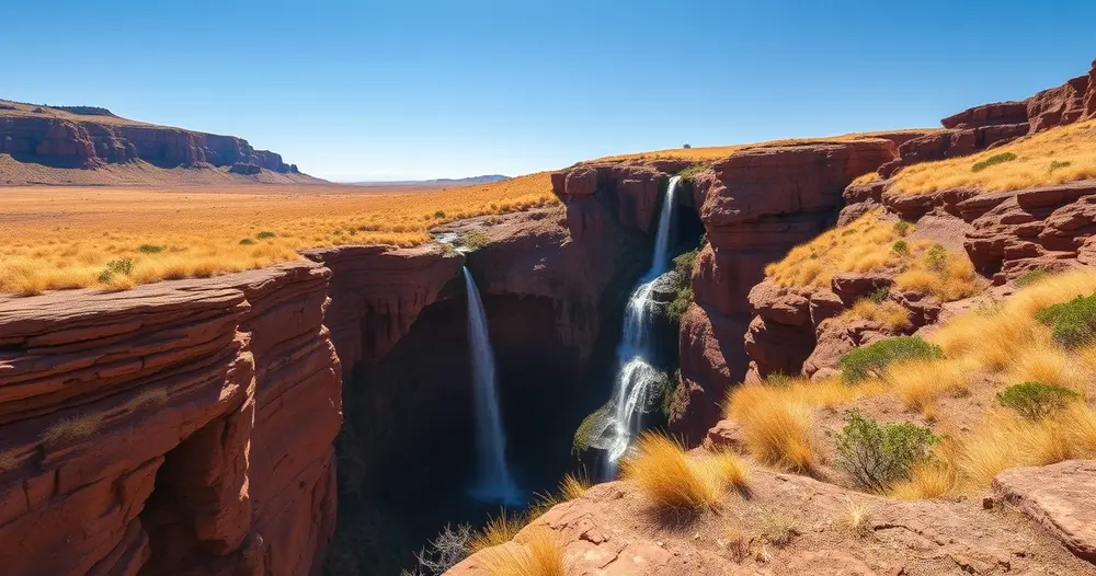 Planalto de cerrado na Chapada dos Veadeiros com cachoeira alta caindo em cânion de rocha avermelhada