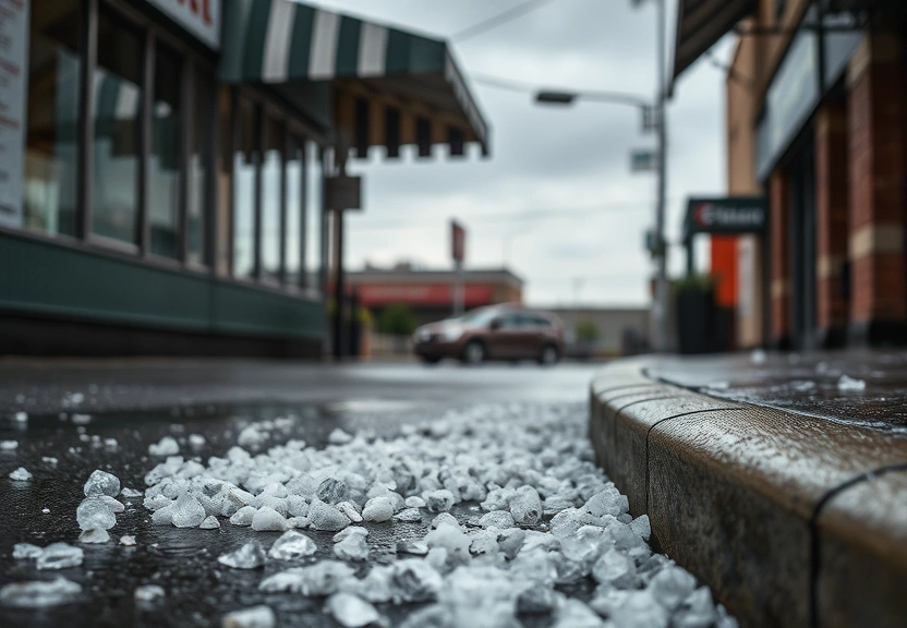 Pedras de granizo na rua molhada depois do temporal
