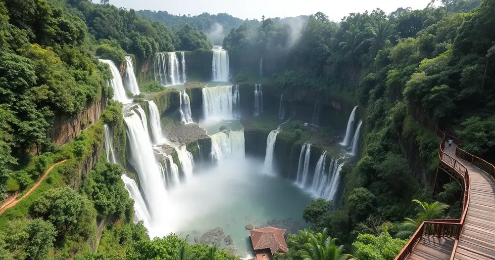 Cataratas do Iguaçu em formato de ferradura com névoa subindo e passarela de observação à direita
