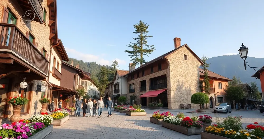 Rua de Gramado com arquitetura em estilo europeu, canteiros floridos e pinheiros ao entardecer