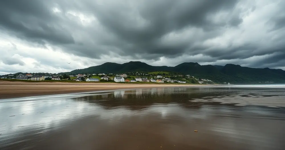 Praia de Ubatuba sob nuvens carregadas com areia molhada refletindo o céu e morros de mata ao fundo