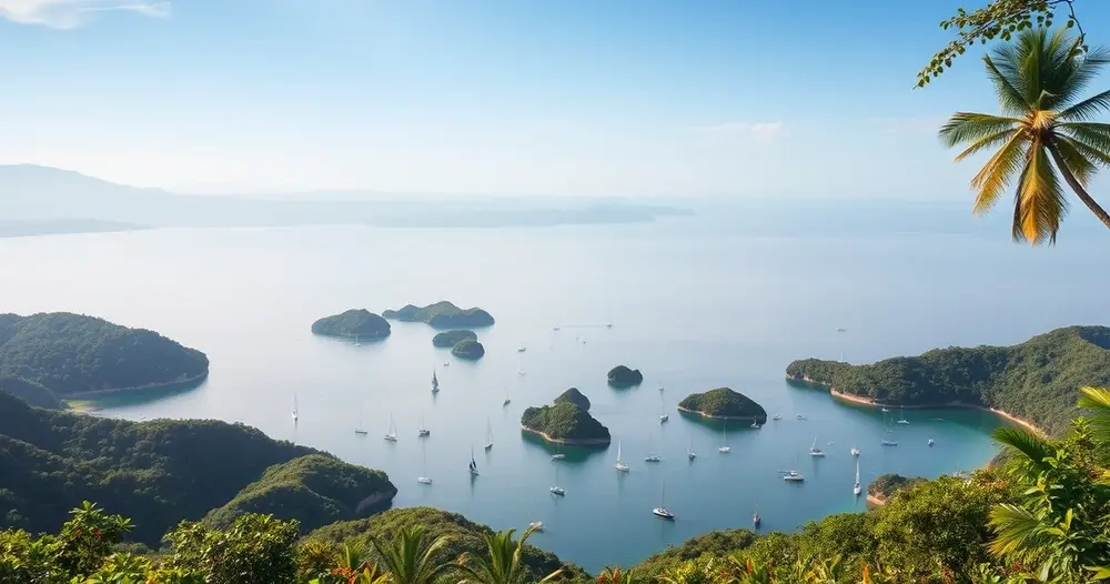 Baía de Angra dos Reis vista de mirante com dezenas de ilhas verdes e veleiros ancorados