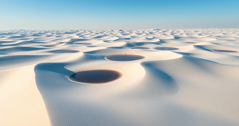 Dunas de areia branca com lagoas de água doce entre elas nos Lençóis Maranhenses sob céu limpo