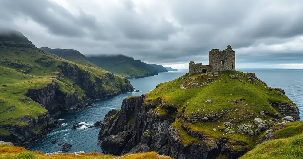 penhasco verde com ruína de castelo de pedra sob céu nublado